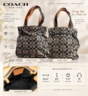 DL061 Coach Vintage Black Hamptons Signature C Belted Carryall Tote Bag